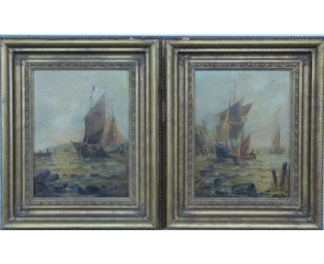 Pair of 19thC oils on canvas beached fishing boats in a coastal setting, each indistinctly signed possibly R H Bull, 28 x 21c