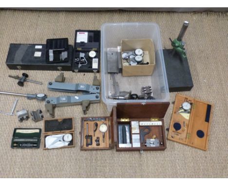 A quantity of engineering measuring tools including dial test indicators, Cussons pitch tester, V blocks etc and a height gau