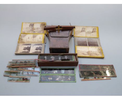 Stereoscopic viewer and approximately 25 cards, mostly Ludlow and Tetbury and further magic lantern slides