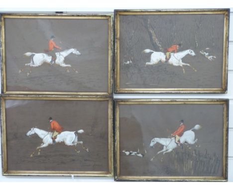 A set of four 19thC charcoal and gouache hunting scenes, each titled to lower edge, 25 x 35cm