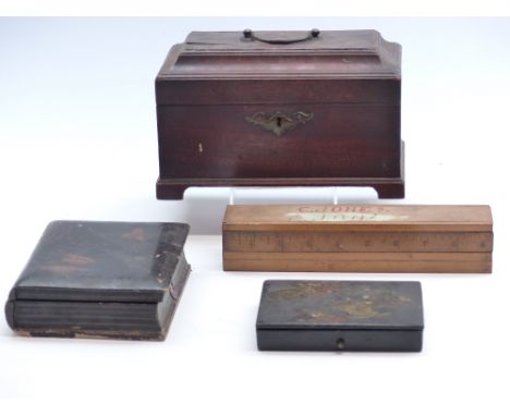 Georgian mahogany tea caddy with lift out metal containers together with two Eastern lacquer boxes and a Mauchline ware style