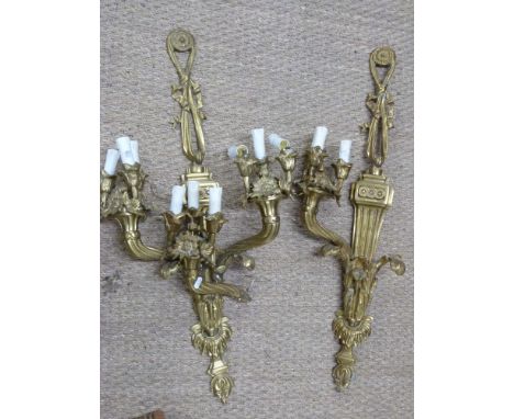 Pair of cast brass wall light fittings, height 87cm