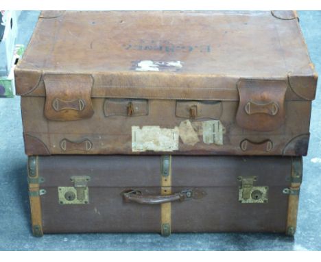 Vintage leather suitcase and an ash bound trunk