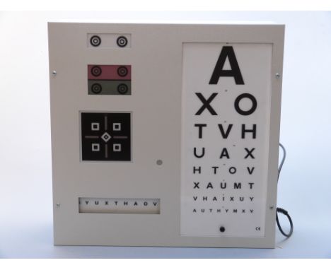 Vintage Evans Instruments Ltd optician's light box with graduated alphabet and other tests, 53 x 53 x 18cm