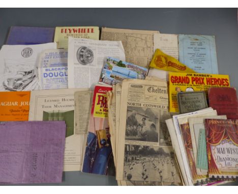 A quantity of vintage motoring ephemera including 1934 Tatra / motor cars brochure, Phillips cycles flag, 1934 Isle of Man St