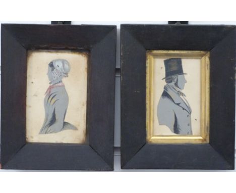 Pair of 19thC portrait miniatures with gilt highlights depicting lady wearing a bonnet and red scarf and gentleman in top hat