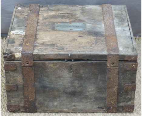 Metal bound travelling trunk with plaque to top Lawrence Fort Esq, W59 x D58 x H31cm