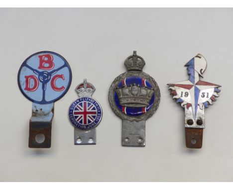 Four enamel car badges including Festival of Britain, BDC (Bedford Drivers Club), 1953 Coronation etc. 