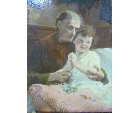 Paul Wagner (1852 - 1937) oil on panel portrait miniature depicting a lady and young girl in panelled room, signed lower left
