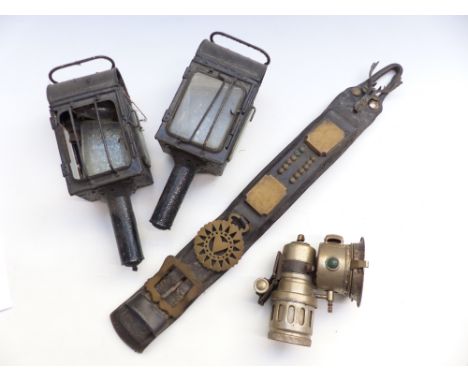 A pair of carriage lamps, Miller motorcycle lamp, horse brasses etc