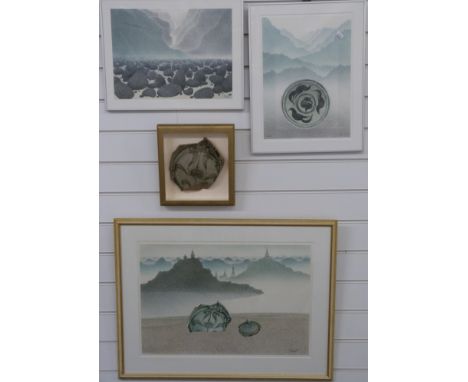 Three Thai or South Asian abstract watercolour landscapes, largest depicting a broken pot with the landscape beyond, signed l