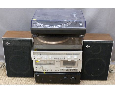 Philips cassette deck, radio and turntable, Technics SL-1210 MK2 record player, two speakers etc