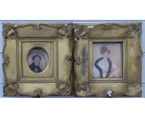 Pair of 19thC framed portrait miniatures, one depicting a lady with crown / tiara and stole, inscribed verso Bridget Griffin 