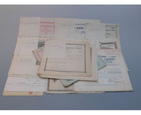 Collection of share certificates including mining, soap etc