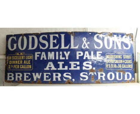 Godsell and Sons Brewers', Stroud vintage enamel advertising sign by the British Enamelled Iron Co, Birmingham, 77 x 204cm 