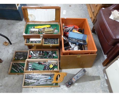 An engineer's tool chest and tools to include drills, bits, clamps, steel rods, files etc together wth a box of assorted carp
