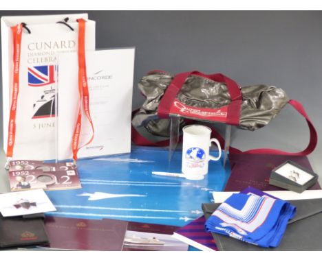 A quantity of ephemera and collectables from a Cunard QE2 and Concorde journey including leather Concorde folder, bag, Concor