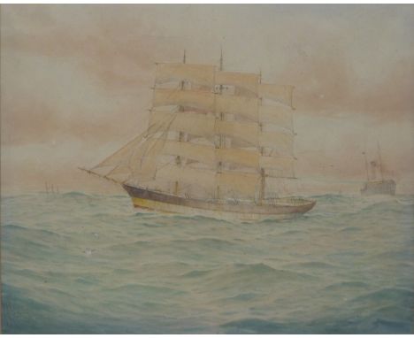 R Howe maritime watercolour sailing ship with steamship beyond, signed lower left 34 x 43cm