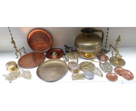 A quantity of brass and copper including Arts & Crafts hammered dish, large ewer 35cm, Johnnie Walker tray, sundial, novelty 