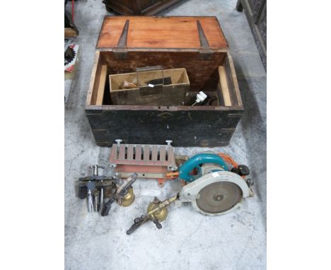 19thC stained pine chest with tools including Wolf Sapphire saw, clamps etc