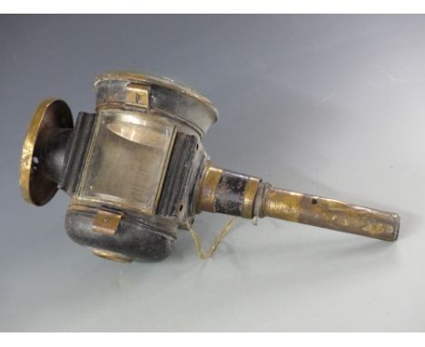 A 19thC electrified coaching lamp with bevelled glasses, marked patent no 2070