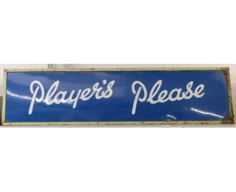 'Player's Please' vintage blue and white enamel advertising sign, 41 x 178cm, ex Boulters, Coleford, Forest of Dean, Gloucest