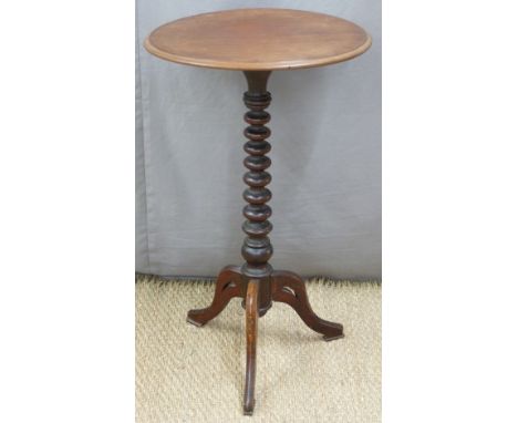 19thC mahogany circular table on bobbin turned support and tripod base, diameter 46 x H77cm