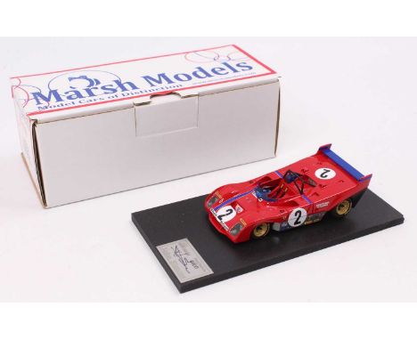 A Marsh Models factory hand built 1/43 scale model of an MM266 Ferrari 312PB 1972 race car, comprising red and blue body with