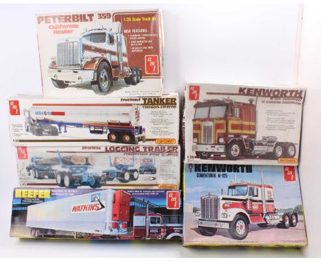 A collection of 1/25 scale American truck &amp; trailer plastic kits by AMT, and Matchbox, to include a Kenworth K123 Cabover