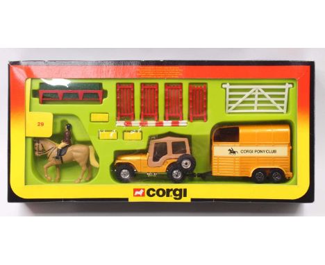 Corgi Toys Gift Set 29 Pony Club Show, set contains Jeep with Rice's Pony Trailer, horse and rider figures, and various acces
