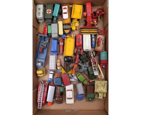 A tray containing a collection of play worn Dinky, Corgi, and Matchbox Toys, with examples including a Dinky Toys No. 958 Guy