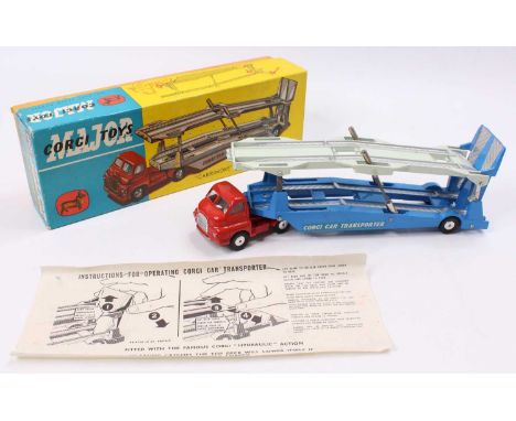 Corgi Toys No. 1101 Bedford Carrimore car transporter comprising of red cab and chassis with blue and off-white rear trailer 