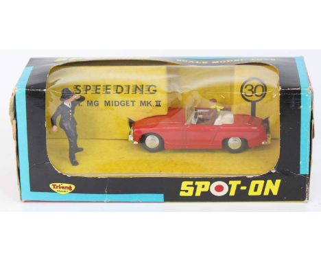 Spot-on No.281 "Speeding" MG Midget Sports Car, red body, white interior with figure driver, cast spun hubs with "Policeman" 