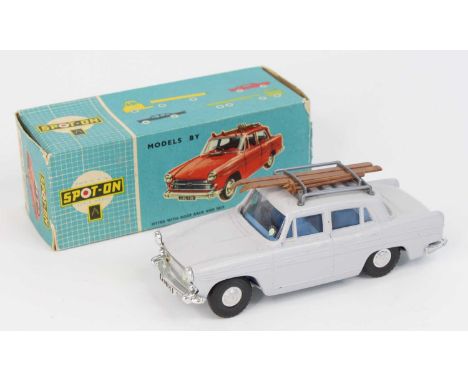 Triang Spot-on No. 184 Austin A60 Cambridge with roof rack and skis. Light grey with light blue interior. Brown ski equipment