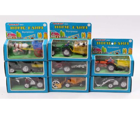 A collection of eight various boxed Blue Box Home Farm Series farming equipment plastic miniatures, to include horse drawn wa