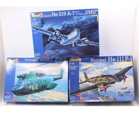 A Revell 1/32 scale boxed plastic aircraft kit group to include a No. 04412 SA330J Puma helicopter, a No. 04696 Heinkel HE111