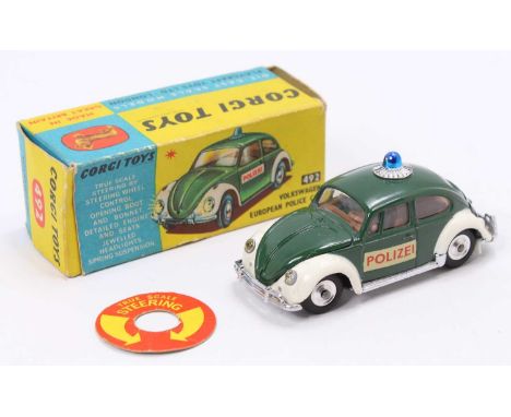 Corgi Toys No. 492 Volkswagen European police car comprising of a dark green and white body with blue roof light, 'Polizei' d