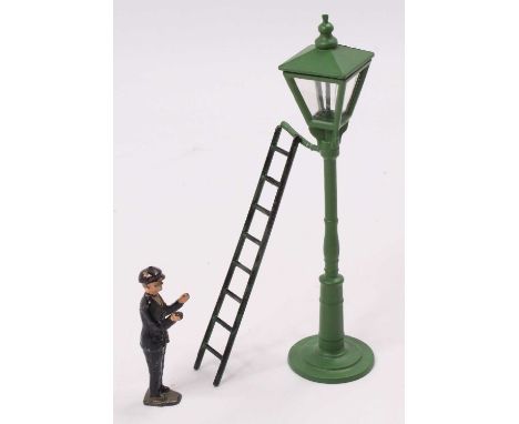 A Jo Hillco lead hollow cast gas lamp set, comprising of green painted gas lamp with ladder and workman, both appear original