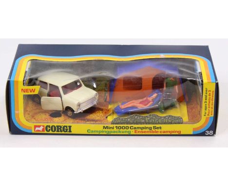 Corgi Toys, Gift Set 38, Mini 1000 camping set, comprising of cream mini with red interior, 2 figures, plastic tent and BBQ, 