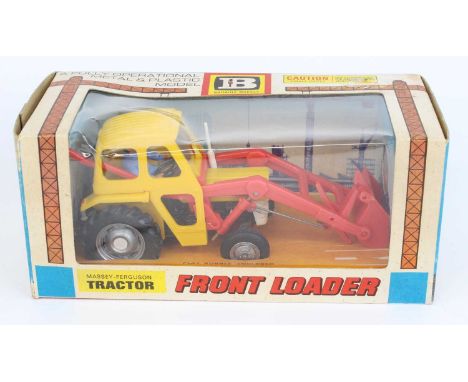 Britains No.9572 Massey Ferguson Tractor, comprising of Massey Ferguson 135 with front loader, yellow and red with silver hub