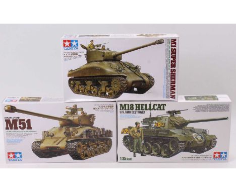 Tamiya 1/35th scale boxed model kit group of 3 comprising an Israeli M51 Tank, a US Tank Destroyer M18 Hellcat, and an Israel