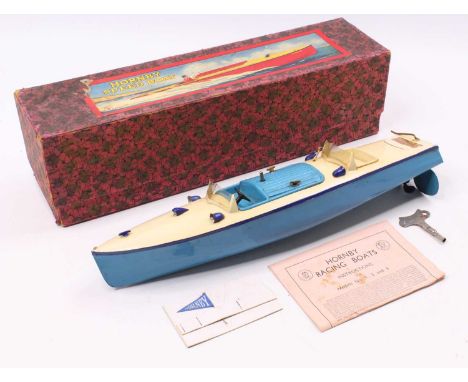 Hornby Racing Boat No. 3, Racer 3 Speedboat, clockwork comprising of two-tone blue and cream body with Racing No.3 transfer t