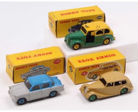 Dinky Toys boxed model group of 3 comprising No. 175 Hillman Minx Saloon, No. 151 Triumph 1800 Saloon, and No. 254 Austin Tax