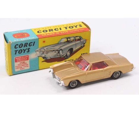 Corgi Toys No. 245 Buick Riviera comprising gold body with red interior and wire wheels, in the original blue &amp; yellow al