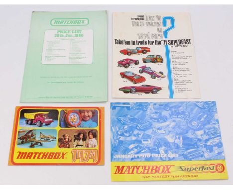 A small collection of Matchbox Lesney retailers promotional literature comprising a January 1970 price list, a spring 1971 pr