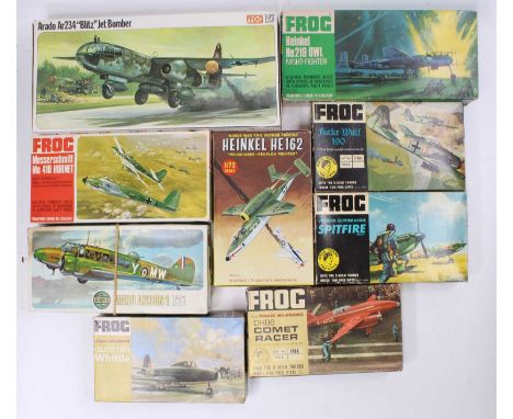 Frog, Airfix, and The Lindberg Line mixed kit group of 9, with specific examples including a Frog 1/72nd scale Messerschmitt 