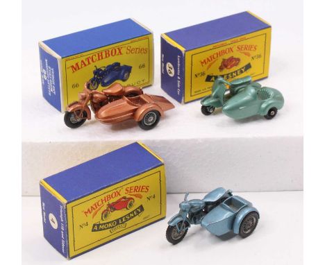 Matchbox Lesney motorcycle group of 3 comprising No. 4 Triumph 110 Motorcycle &amp; Sidecar, No. 36 Lambretta TV175 Scooter &