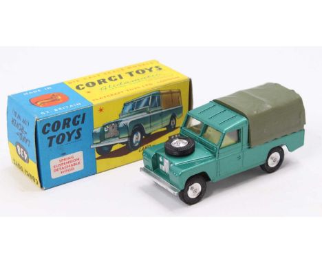 Corgi Toys No. 438 Land Rover 109WB, green body, with a green plastic canopy, the canopy has some slight damage to one corner