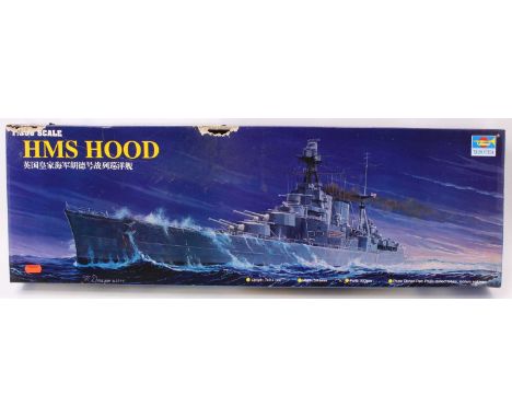 A Trumpeter No. 05302 1/350 scale plastic kit for HMS Hood, box has some outer damage but model is unconstructed