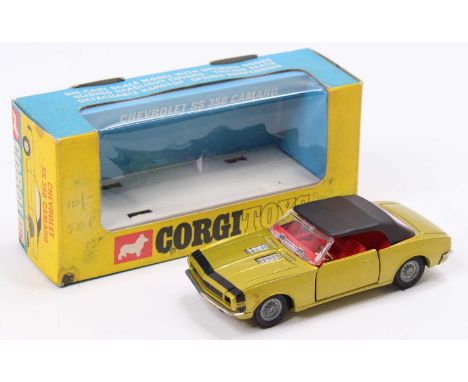 Corgi Toys No. 338 Chevrolet SS 350 Camaro in metallic green/gold with a red interior, black roof and bonnet stripe, with "Go